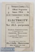 Very Rare 1945/46 Newport County AFC v Tottenham Hotspur Football Programme single sheet date 20