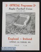 1931 England v Ireland Rugby Programme: England champions. Pocket fold^ Springbok tour details
