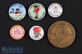 Rugby Medal and Badges Selection (6): In worn box^ 3” diameter bronze-effect participator’s medal in