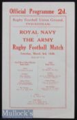 1927-8 Royal Navy v Army Rugby Programme: Many caps in this March 1928 Twickenham Services clash