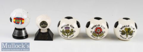 Full^ sealed small whisky/brandy ceramic footballs etc (5) Set of 3 colourfully transfer printed