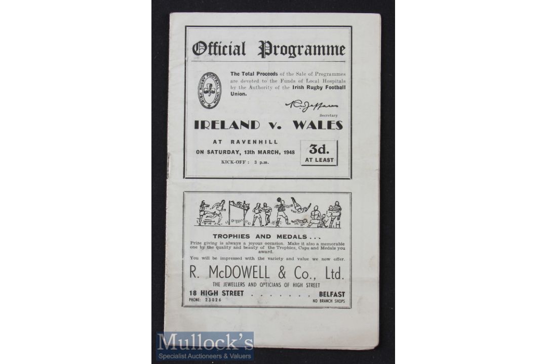 1948 Ireland v Wales Rugby Programme: Ireland swept the board with this 6-3 Slam clincher at
