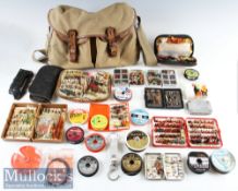 Good Brady canvas and leather Fishing Tackle Bag, Treasure Trove of Flies and fly boxes, Fishing