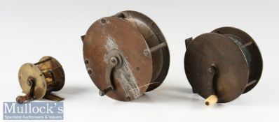 3x Vic brass crank wind reels – 2.25” brass wide drum winch with sliding stop latch; 4” dia with