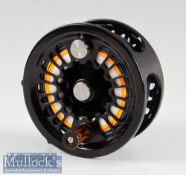 Fine Abel Super 12W Black Salmon fly reel – stamped 7172 Made in USA to the foot and engraved to the