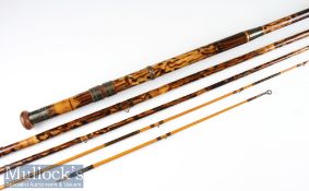 Interesting decorative mottled whole cane and lancewood combination salmon fly rod – 12ft 3in 4pc