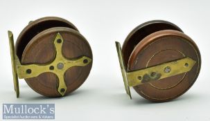 2x Wood and brass 3” centrepin reels one star back which runs smooth the other a strap back which