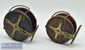 2x good Nottingham wooden and brass star back reels – 3.5” dia wide drum with Slater style drum