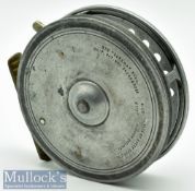 Hardy Bros Alnwick Eureka 3 ½” centrepin trotting reel with ribbed brass foot perforations to