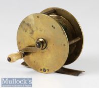 Vic brass crank wind wide drum salmon fly reel c1880 London - 3 ¼” x 1 ½” wide, with white handle,