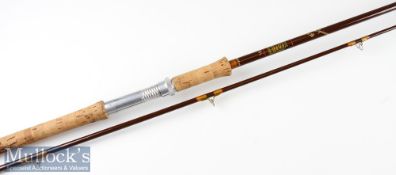 Very good Hardy’s Made in England Jet Fibalite Spinning rod – 8ft 6in 2pc - wt 7/8lbs – pink lined