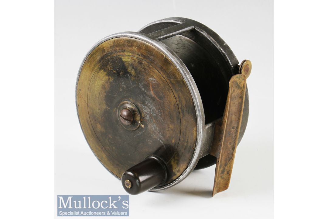 C Farlow & Co London 4 ½” brass and alloy plate wind reel pat 10527 wide drum exposed rim tensioner, - Image 1 of 2