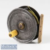 Early P D Malloch Perth 3” alloy fly reel in Uniqua style, smooth brass foot, white handle, constant
