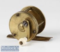 Interesting Vic Brass multiplier reel c1880 - 1 ¾” x 1 ½” with curved crank wind arm c/w white