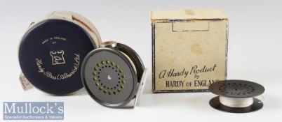 Fine Hardy Bros England The Perfect 3 3/8” alloy fly reel and spare spool (2) – with cloudy/smoke