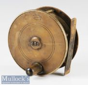 Early Hardy Bros Alnwick Birmingham brass plate wind salmon fly reel - 4 ½” dia with makers logo