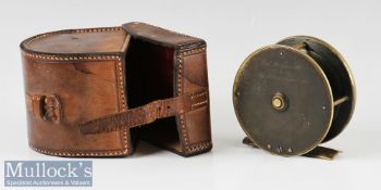 C Farlow & Co London 3” brass plate wind fly reel in maker’s leather D shaped reel case c1890 - with