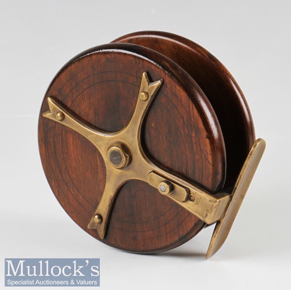 Early 4” Nottingham wood and brass star back reel with fish tail brass back, slipper drum latch - Image 2 of 2
