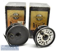 J W Young & Sons 3 ½” Beaudex alloy salmon fly reel with wire line guide, dimple handle together