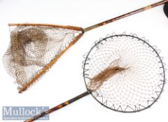 2x vintage Decorative Mottled Bamboo long handled trout size landing nets – one is fitted with screw