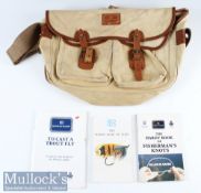 Good Hardy Canvas and leather tackle bag and Hardy Booklets (4) – House of Hardy tackle bag c/w