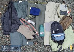 Collection of water proof trousers assortment fishing accessory bags, back packs, waist belts