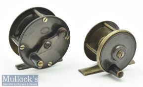 2x fine Bronzed lacquered gun metal fly reels – incl S Allcocks & Co Ltd 2.5” dia with brass crank