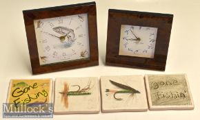 2x Fishing and Game Bird Mantle clocks and various wine coasters (6) – both Kienzle Quartz Germany