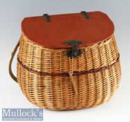 Interesting large pot-bellied wicker fishing creel– fitted with solid wooden lid with early brass