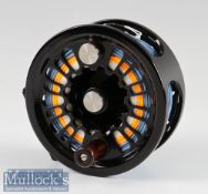 Fine Abel Super 12W Black Salmon fly reel – stamped 6507 Made in USA to the foot and engraved to the