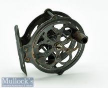 USA Meisselbach Featherlight Skeletal reel No. 270 having raised pillars, wooden handle, on/off