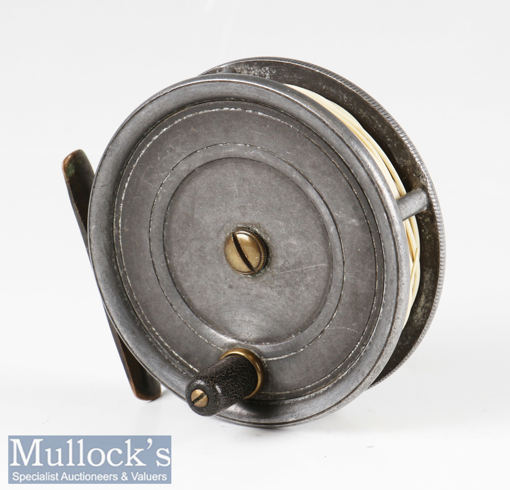 Scarce W H Dingley Maker Alnwick stamped alloy fly reel 3. 3/8” dia, constant check, smooth brass - Image 2 of 3