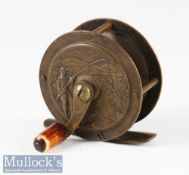 Reuben Heaton Birmingham 2 ½” Fishing Scene embossed fly reel curved winding arm with horn handle,