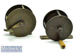 2x Early Brass crank wind fly reels 2 ½” example with wooden handle, stamped Made in England, the