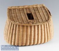Good French Split Reed Willow Trout creel – with centre slot c/w period webbing shoulder strap –