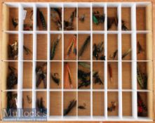 Tackle Shop Counter Display Case with glazed lid and compartments containing unused Salmon flies