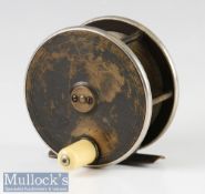 P D Malloch Perth 3 ½” brass and ebonite fly reel with nickel silver rims, smooth bridged foot,