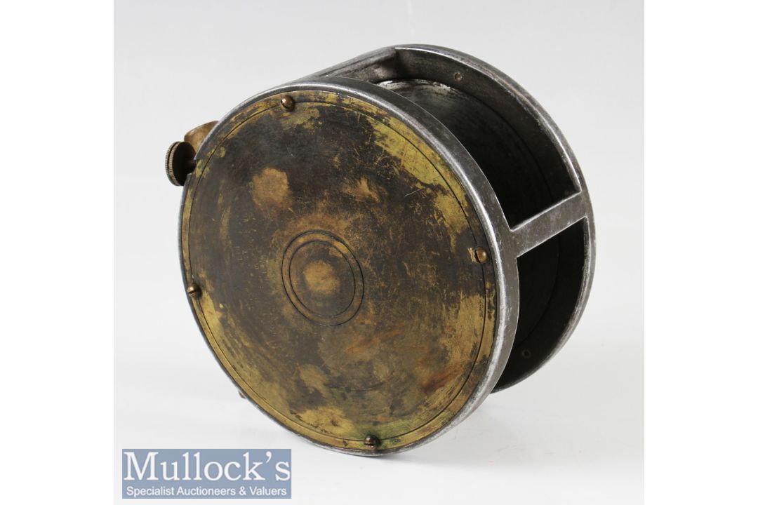C Farlow & Co London 4 ½” brass and alloy plate wind reel pat 10527 wide drum exposed rim tensioner, - Image 2 of 2