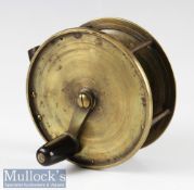 Early unnamed 4 ½” all brass anti foul rim reel with crank arm, four pillar construction, turns