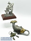 Interesting large and heavy brass paddock in the shape of a Carp - with ornate keys overall 7” and