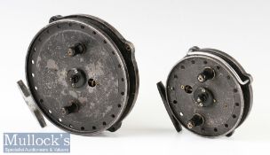 2x J W Young & Sons Trudex centrepin trotting reels 5 3/8 inches mottled black finish^ twin handled^