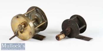 Victorian brass multiplier and a tiny crank wind reels (2) – 2” dia x 1 7/8” multiplier with