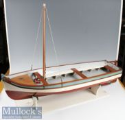 Large Wooden Model Sailing Boat in red and white^ measures 1m in length and 30cm width^ on base^