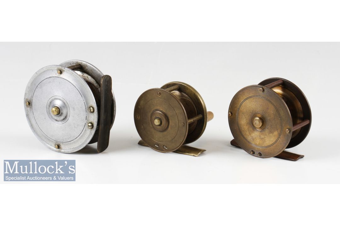 Early S Allcock 2 ¼” brass crank wind reel three pillar^ fixed check^ plus an unnamed 2” brass - Image 2 of 2