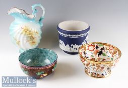 Adams Jasperware Jardinière with Hunting Scene plus an Amherst Japan Ironstone Fruit Bowl^ a