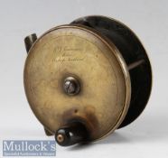 W J Cummings Maker Bishop Auckland brass wide drum salmon fly reel - 3.5” dia^ horn handle^ owners