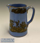 Scarce Blue Prattware Water Jug depicts Fox Hunting in Gold & Black transfer design measures 17cm