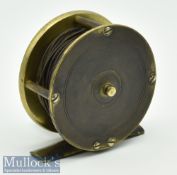 2.5” W B Gowland 3&4 Crooked Lane London brass trout fly reel c1880s plate wind c/w silk line –