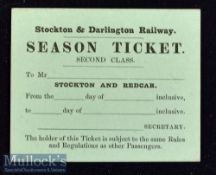 Stockton and Darlington Railway Company^ c1850-60s Ticket 2nd Class season ticket between Darlington