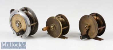 Early S Allcock 2 ¼” brass crank wind reel three pillar^ fixed check^ plus an unnamed 2” brass